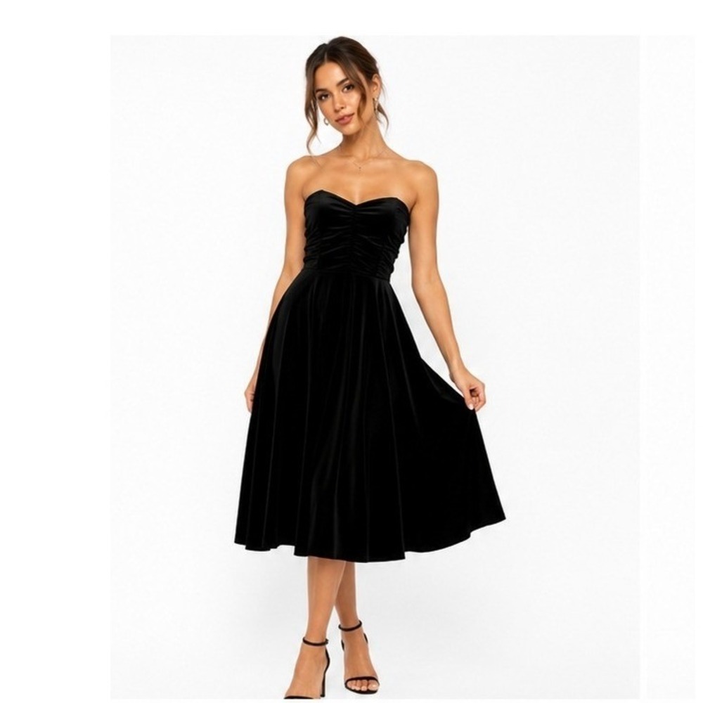 Laura Ashley Velvet‎ Dress Vintage 80s Black Midi Strapless Sweetheart Elegant